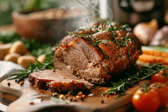 Rôti de porc cuit au Cookeo prêt à être servi à table
