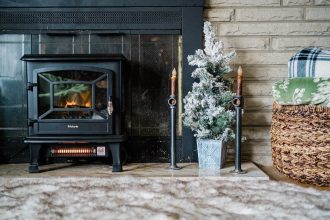 Poêle à bois dans un salon chaleureux et écologique