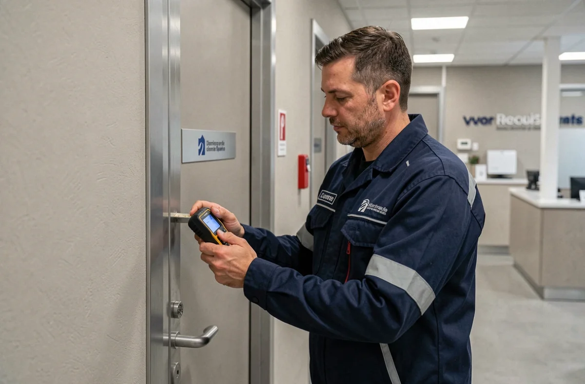 Technicien ADIM inspectant une porte métallique dans un bâtiment professionnel en Mayenne