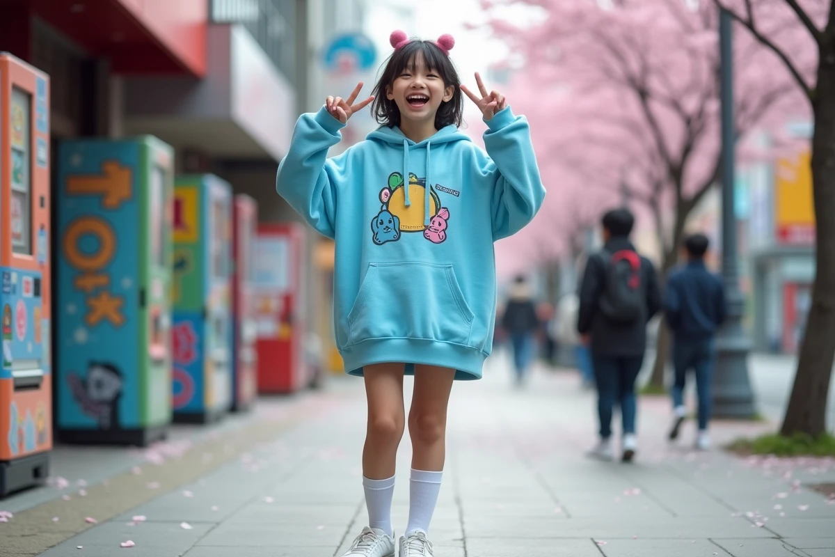 Adolescent en hoodie bleu pose dans la ville animée