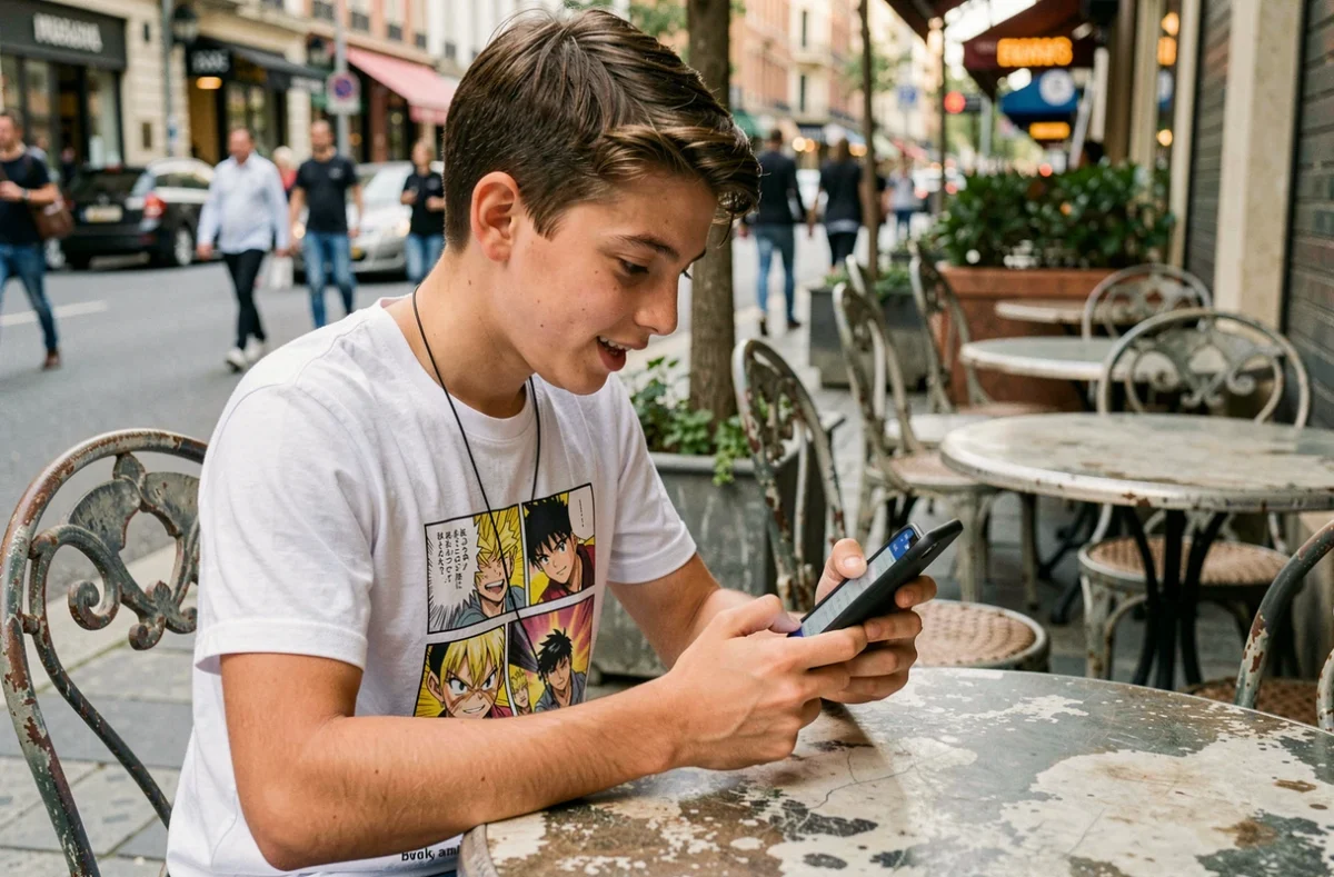 Adolescent lisant un chapitre de manga One Punch Man sur smartphone à la terrasse d'un café urbain