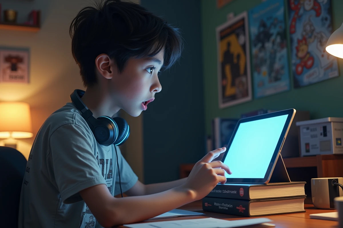 Adolescent lisant un webtoon sur tablette à son bureau avec des posters de manga au mur