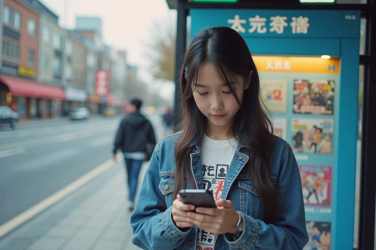 Adolescente regardant manga sur smartphone à un arrêt de bus