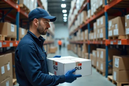 Agent logistique scannant un colis GLS avec étiquette de suivi international dans un entrepôt européen moderne