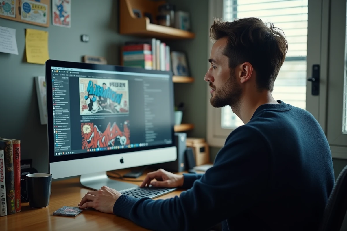Homme consultant un site de lecture de manga sur ordinateur dans un bureau à domicile, évoquant les alternatives légales à Crunchscan
