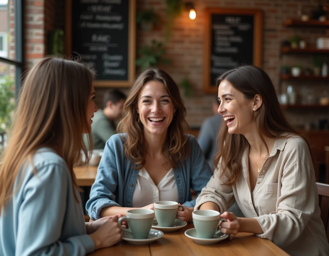 Trois amies riant ensemble autour d'un café dans un bistrot chaleureux, illustrant la confiance et la complicité entre amies
