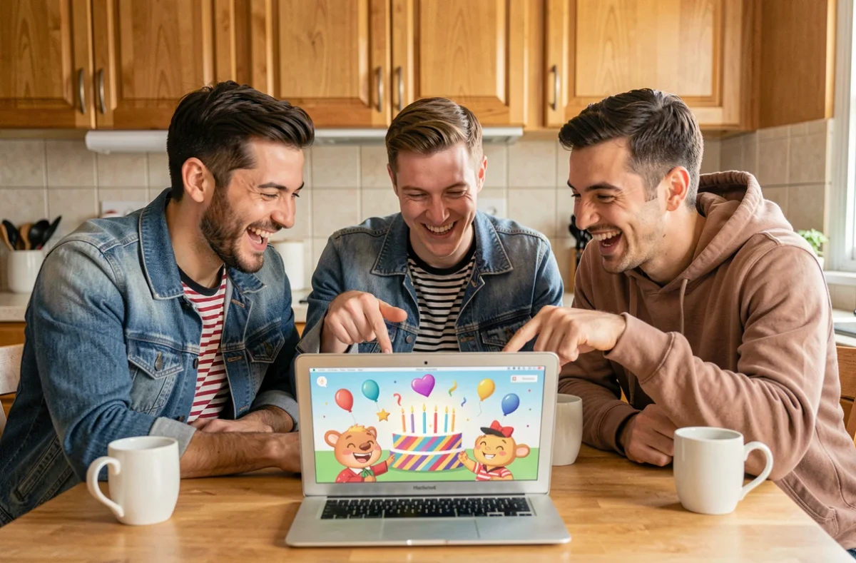 Groupe d'amis riant ensemble devant un ordinateur portable affichant des gifs d'anniversaire rigolos dans une cuisine