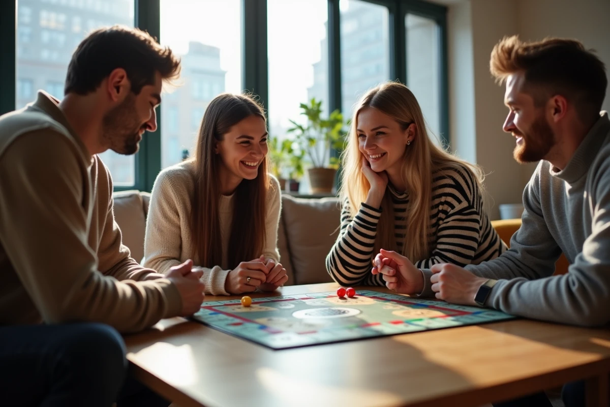 Groupe d amis jouant à Monopoly Go dans un appartement lumineux