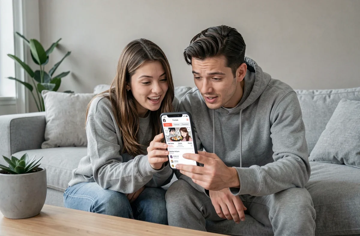 Deux amis consultant ensemble un site de scan sushi sur smartphone dans un salon moderne avec interface de navigation visible