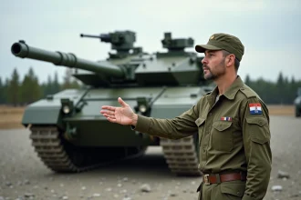 Analyste militaire devant un char Leclerc en terrain d'entraînement