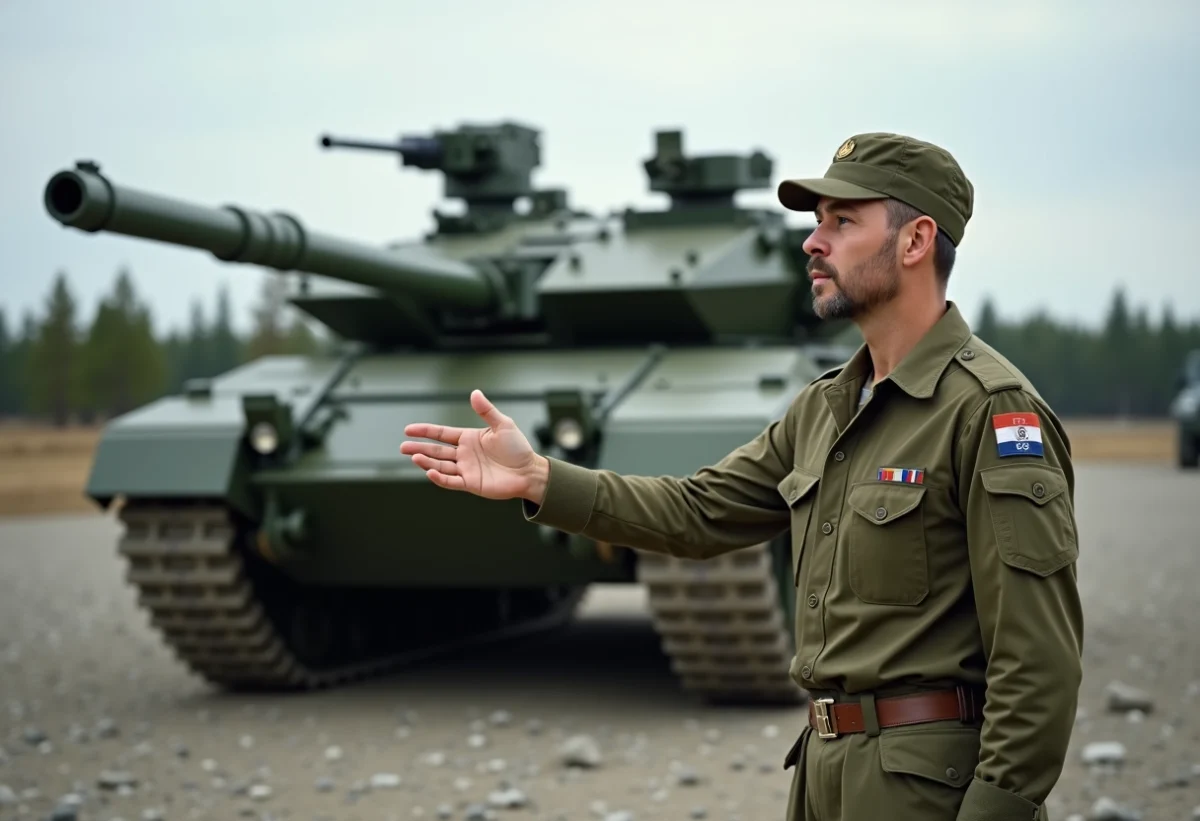 Analyste militaire devant un char Leclerc en terrain d'entraînement
