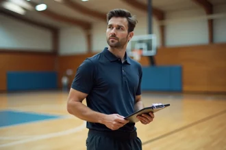 Animateur sportif professionnel en salle de sport tenant un clipboard, prêt pour un entretien d'embauche