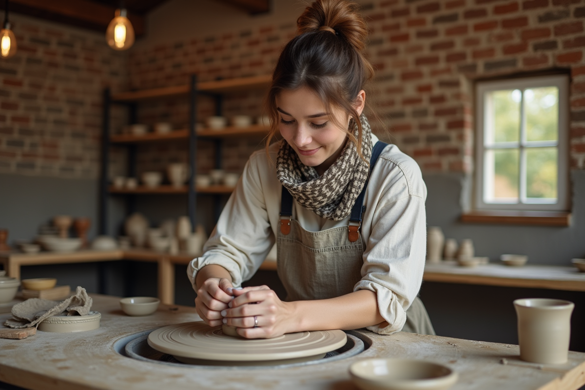 Jeune femme façonnant de la poterie dans son atelier lumineux