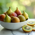 Bol de fruits frais figues kiwis et groseilles sur table en marbre