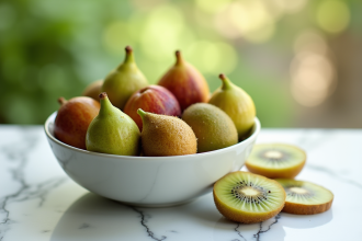 Bol de fruits frais figues kiwis et groseilles sur table en marbre