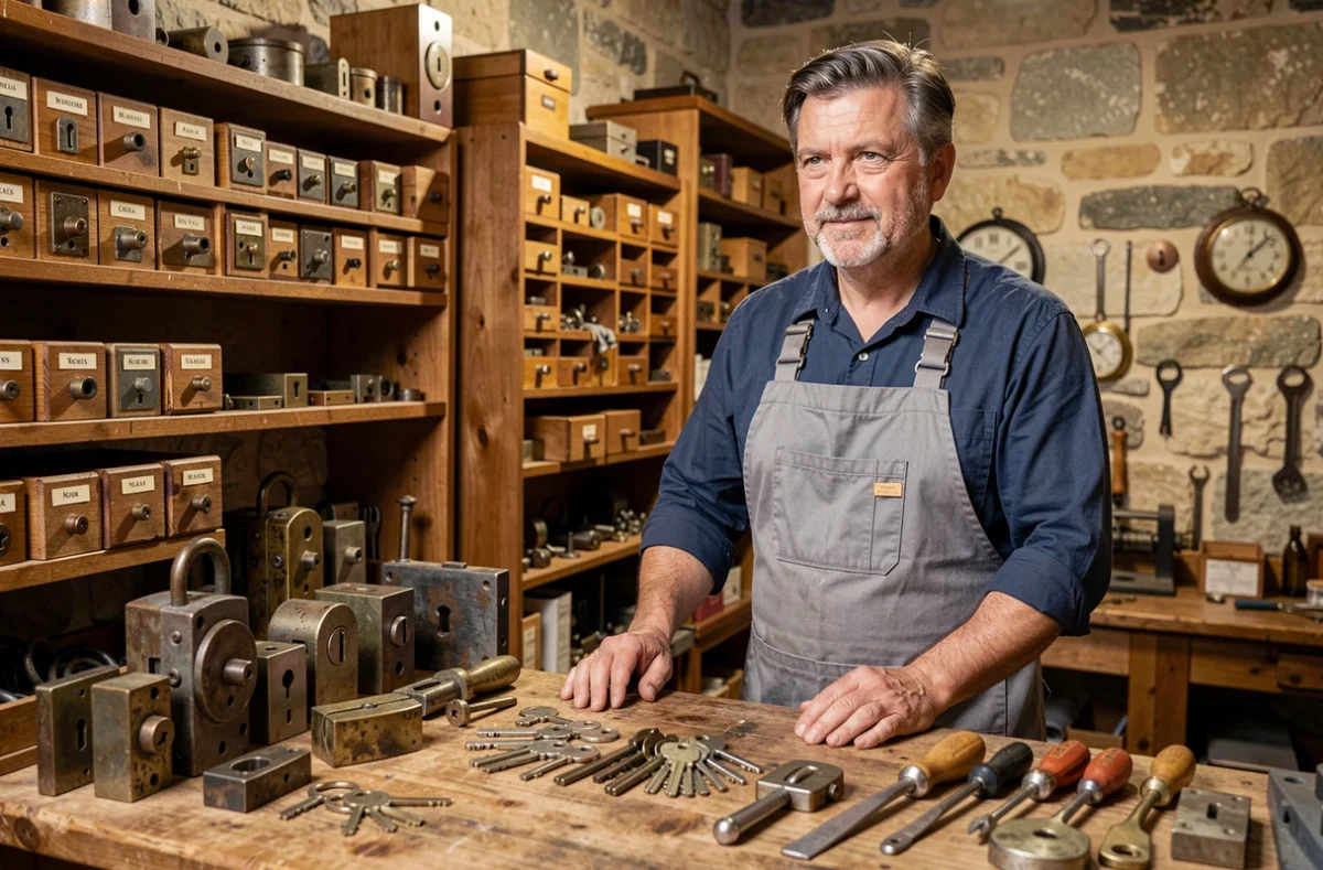 Artisan de l'Atelier Maincent dans son atelier traditionnel de serrurerie avec des mécanismes anciens