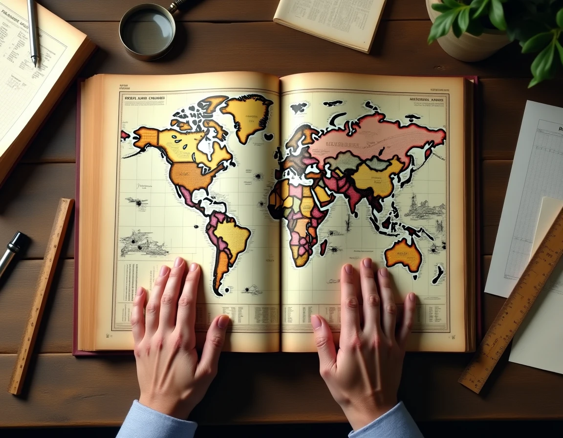 Mains d'un chercheur comparant des superficies de pays sur un atlas ouvert avec règle et notes manuscrites sur un bureau en chêne