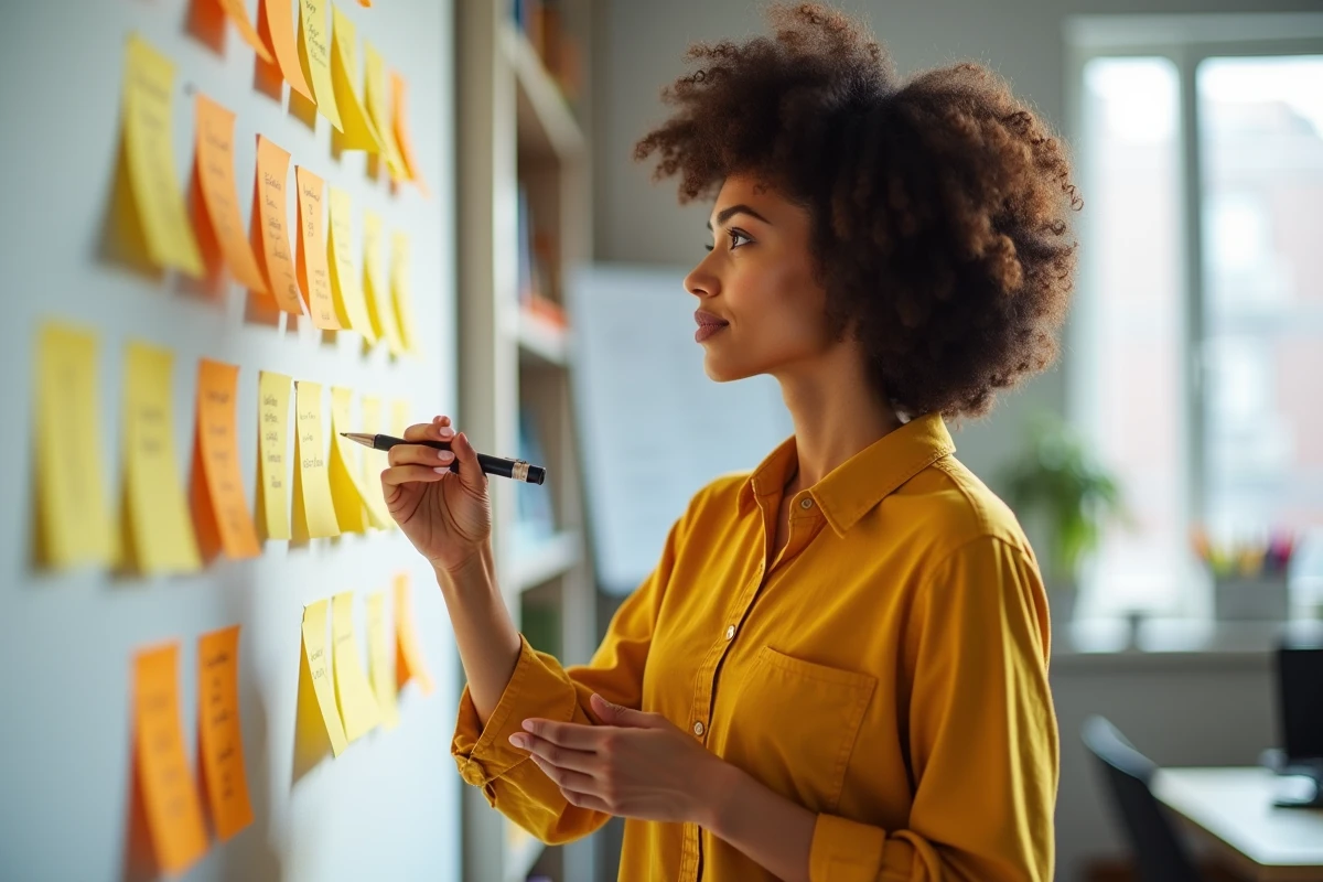 Auteure compositrice organisant ses rimes sur un mur de post-it dans un espace créatif