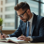 Avocat confiant lisant un livre de droit moderne
