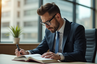 Avocat confiant lisant un livre de droit moderne