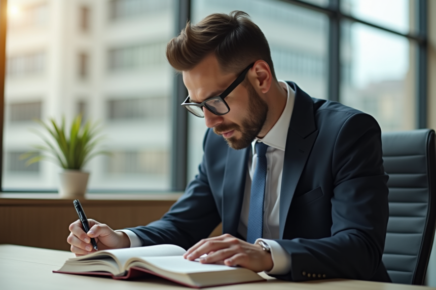 Avocat confiant lisant un livre de droit moderne