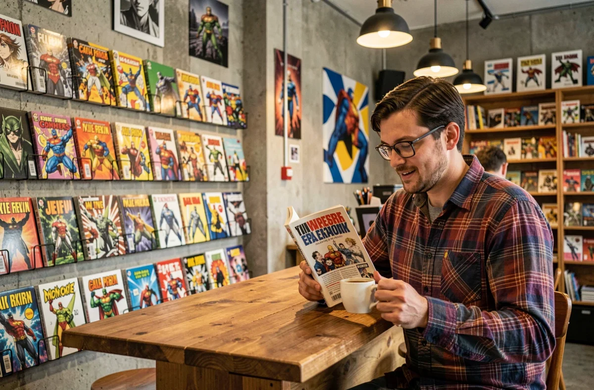 Espace café et bandes dessinées de BDfugue Toulouse avec rayonnages de comics et comptoir de café