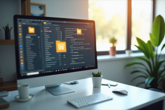 Espace de travail moderne avec structure de dossiers numérique