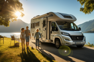 Camping-car familial sur une route pittoresque en pleine nature