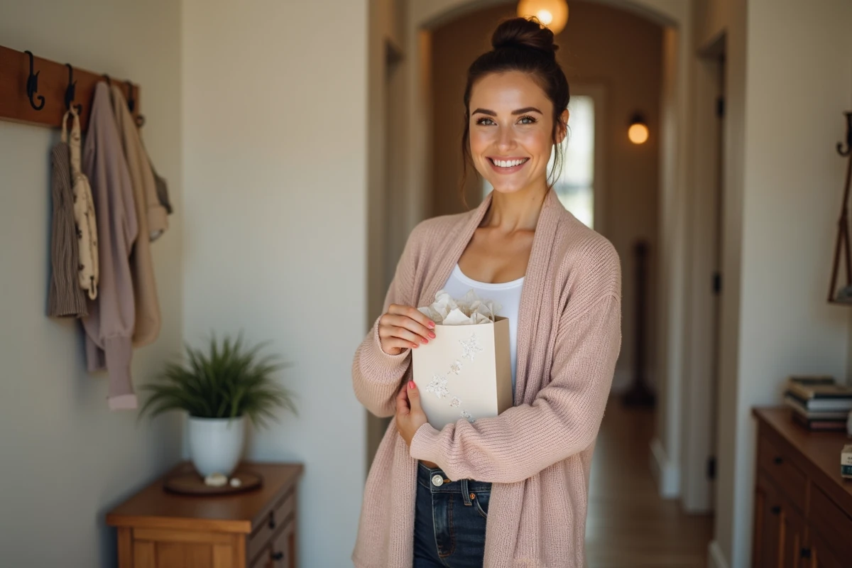 Nounou souriante tenant un sac cadeau décoratif dans l'entrée d'une maison familiale chaleureuse