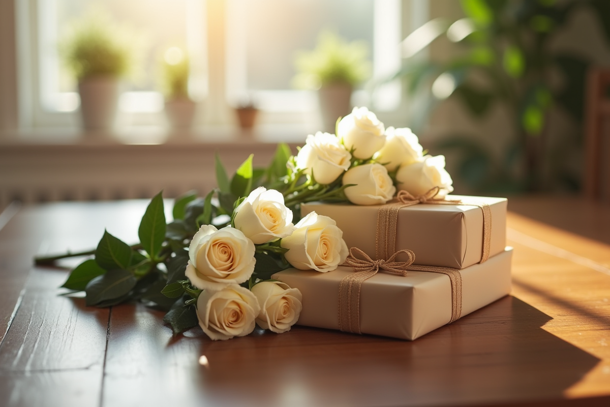 Cadeaux d anniversaire et roses blanches