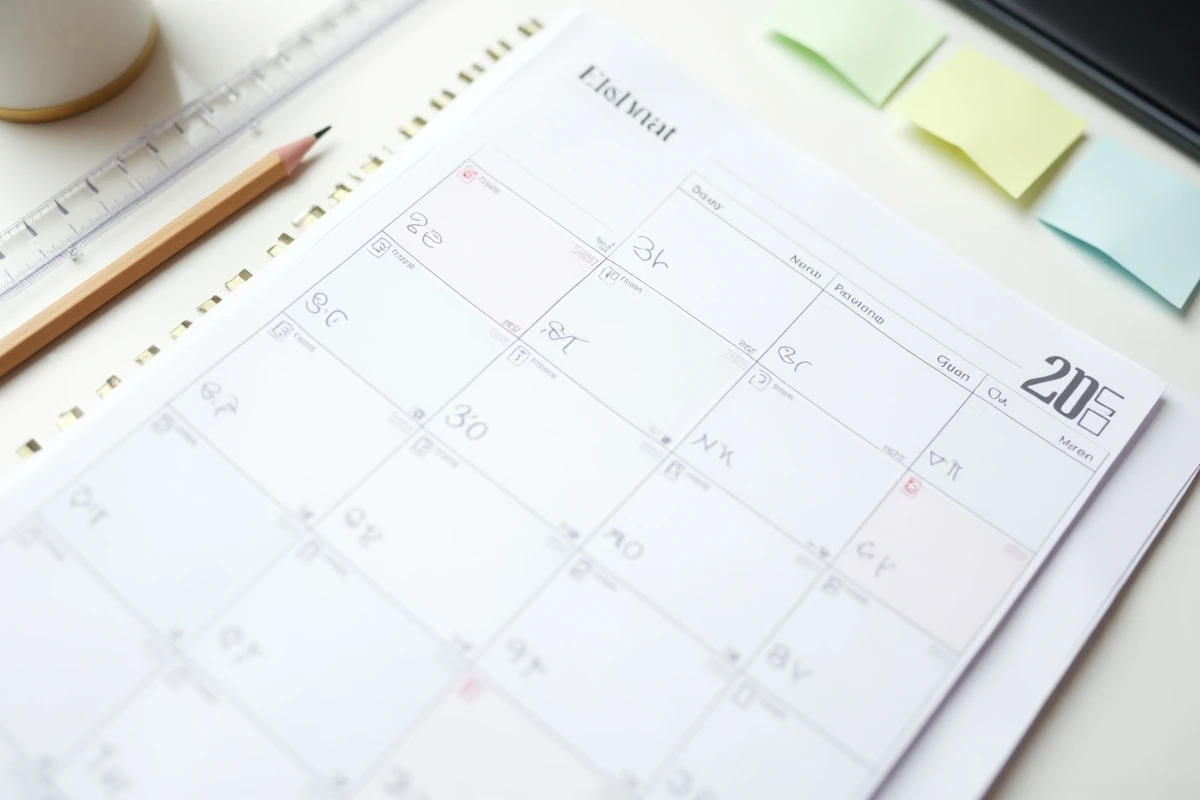 Vue du dessus d'un calendrier planning 2026 imprimé avec des post-its colorés sur un bureau d'entreprise