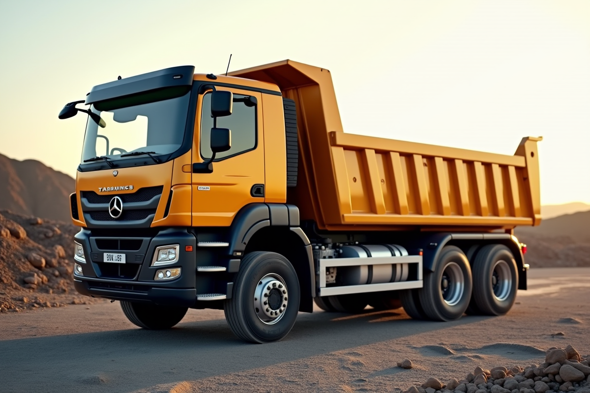 Camion benne 3,5 tonnes stationne sur un chantier au lever du soleil