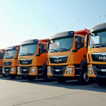Plusieurs camions bennes 3,5 tonnes d'occasion en parking
