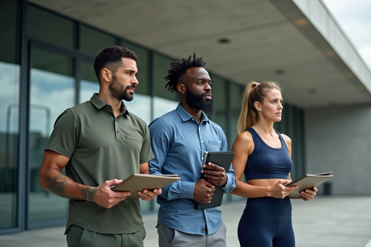 Groupe de candidats animateurs sportifs attendant devant un centre sportif pour un recrutement
