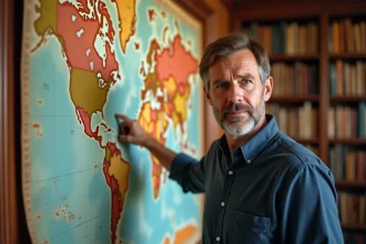 Homme pointant une grande carte du monde vintage accrochée dans une bibliothèque, illustrant la géographie des pays les plus étendus