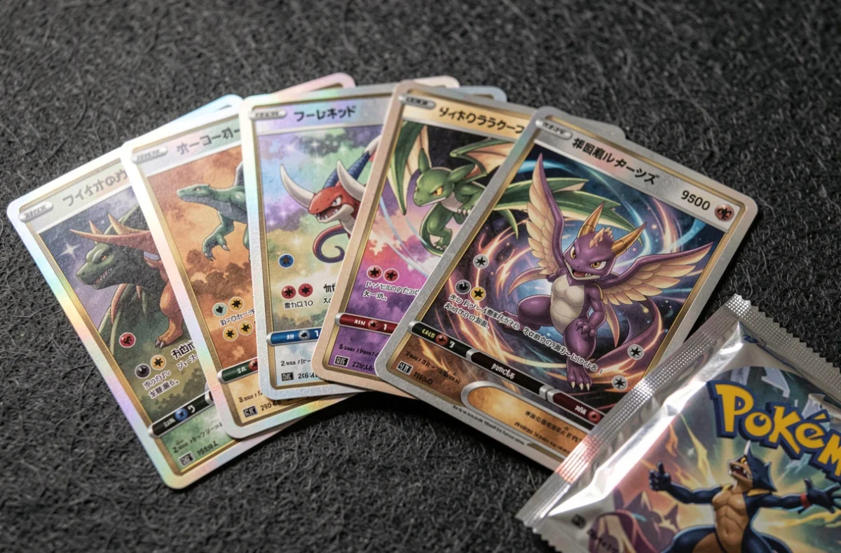 Gros plan sur des cartes holographiques Pokémon EV10.5 en éventail sur un tissu feutré gris anthracite