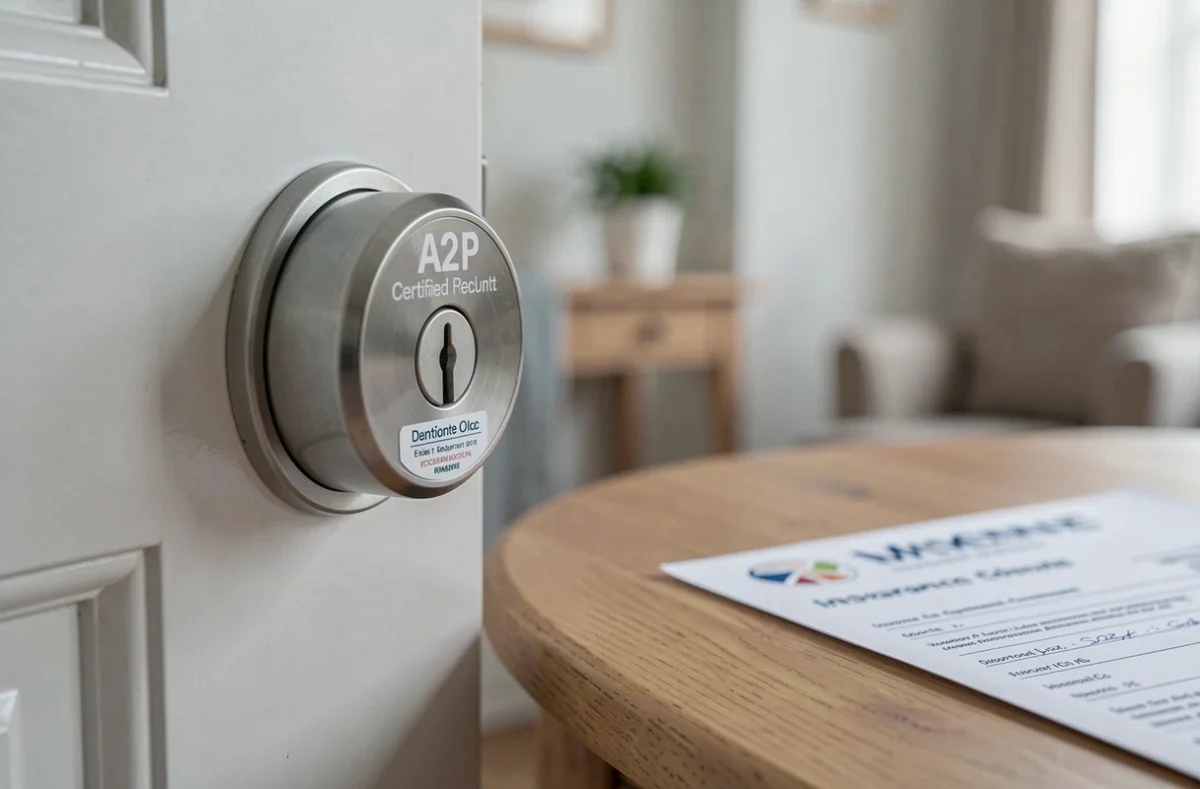 Cylindre de serrure certifié A2P avec document d'exigence d'assurance posé sur une table dans un foyer en Mayenne