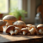 Champignons chanterelles fraîches sur plan de travail rustique