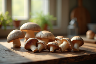 Champignons chanterelles fraîches sur plan de travail rustique