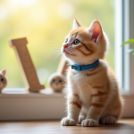Chaton curieux avec collier bleu près d'une fenêtre