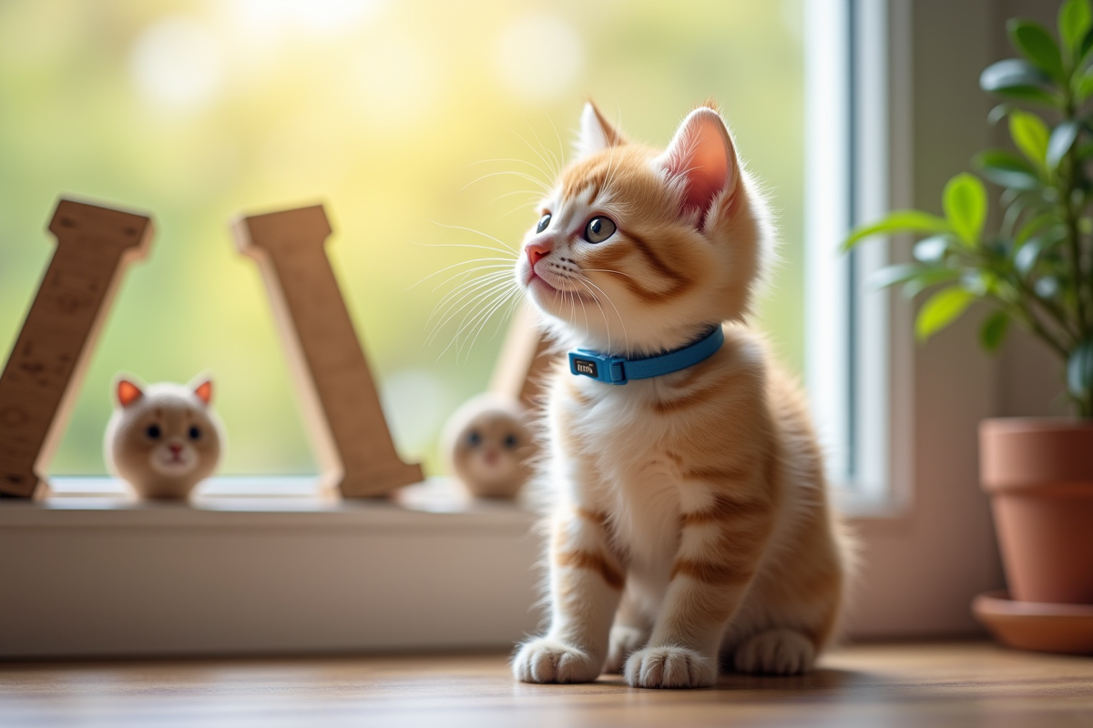 Chaton curieux avec collier bleu près d'une fenêtre