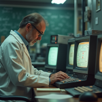 Scientifique des années 1980 examinant composants quantiques anciens