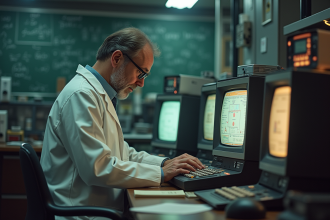 Scientifique des années 1980 examinant composants quantiques anciens