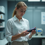 Chercheuse en laboratoire examinant une batterie futuriste