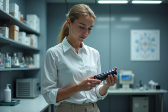 Chercheuse en laboratoire examinant une batterie futuriste