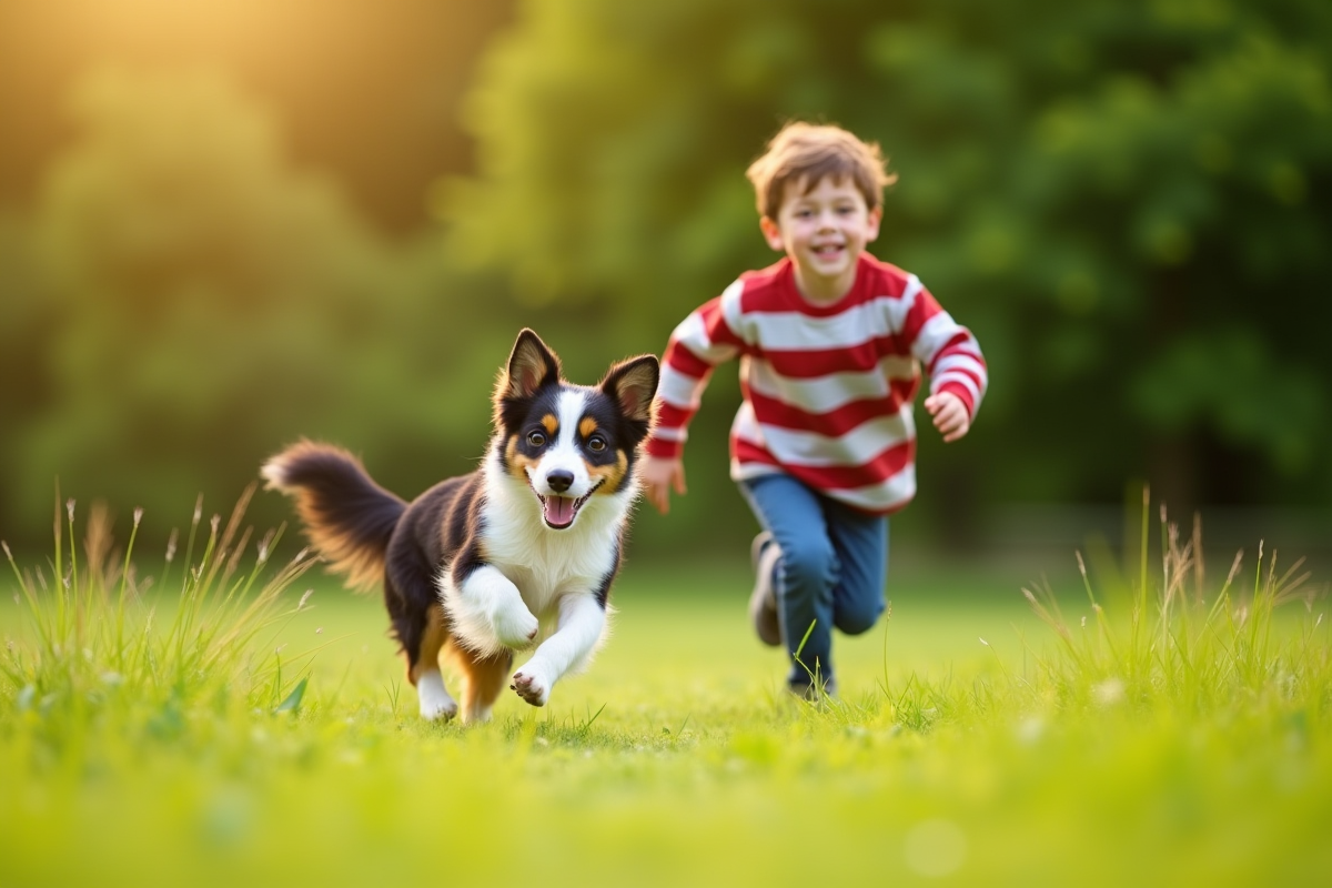 Chien Australian Shepherd courant dans un parc avec un adolescent souriant