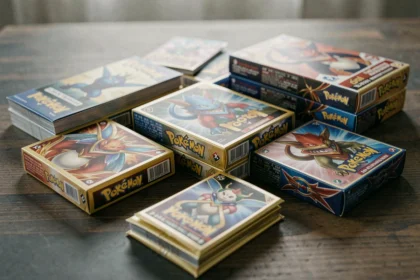 Collection de coffrets et boosters Pokémon EV10.5 soigneusement disposés sur une table en bois sombre