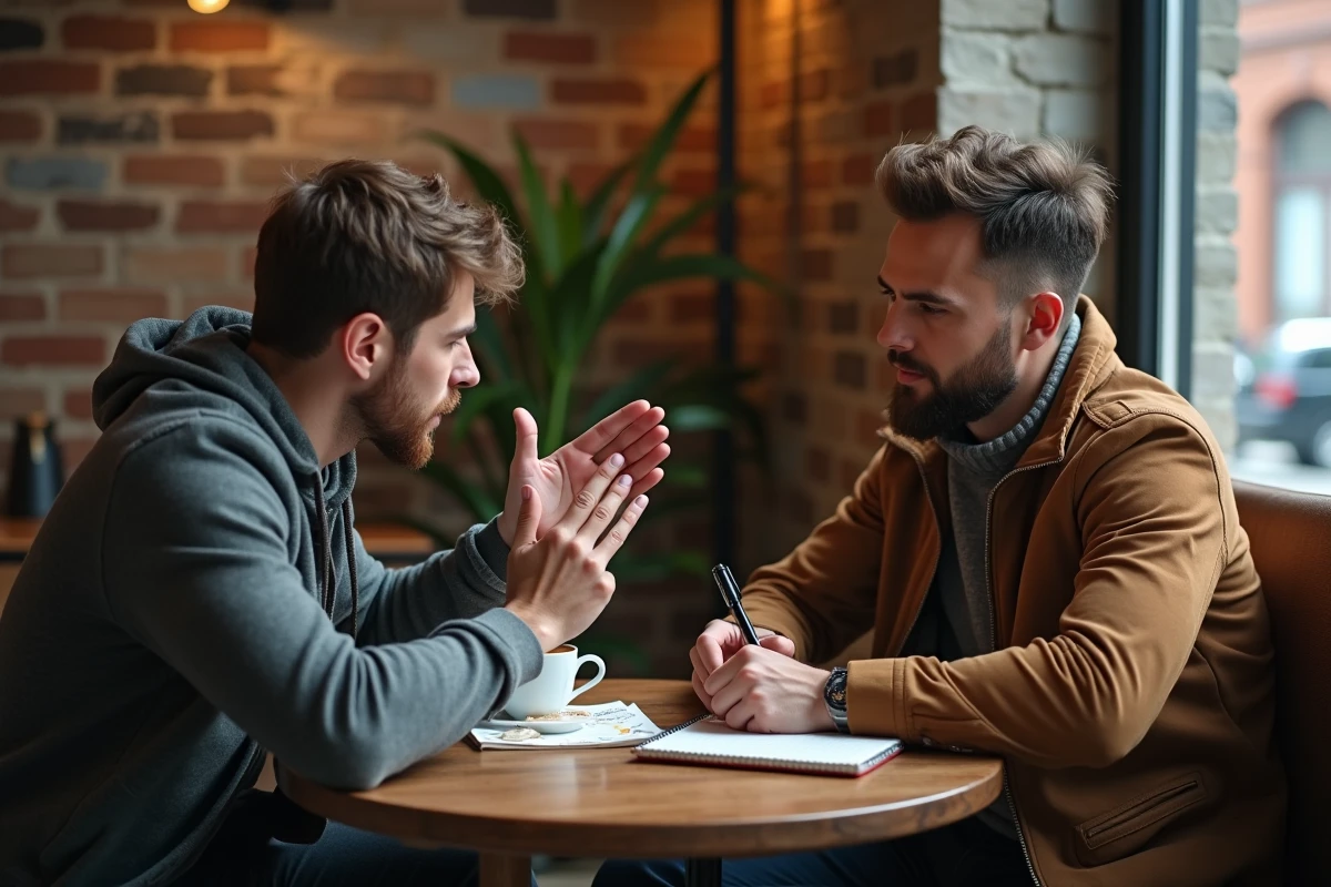 Deux rappeurs collaborant sur l'écriture de paroles et de rimes dans un café urbain