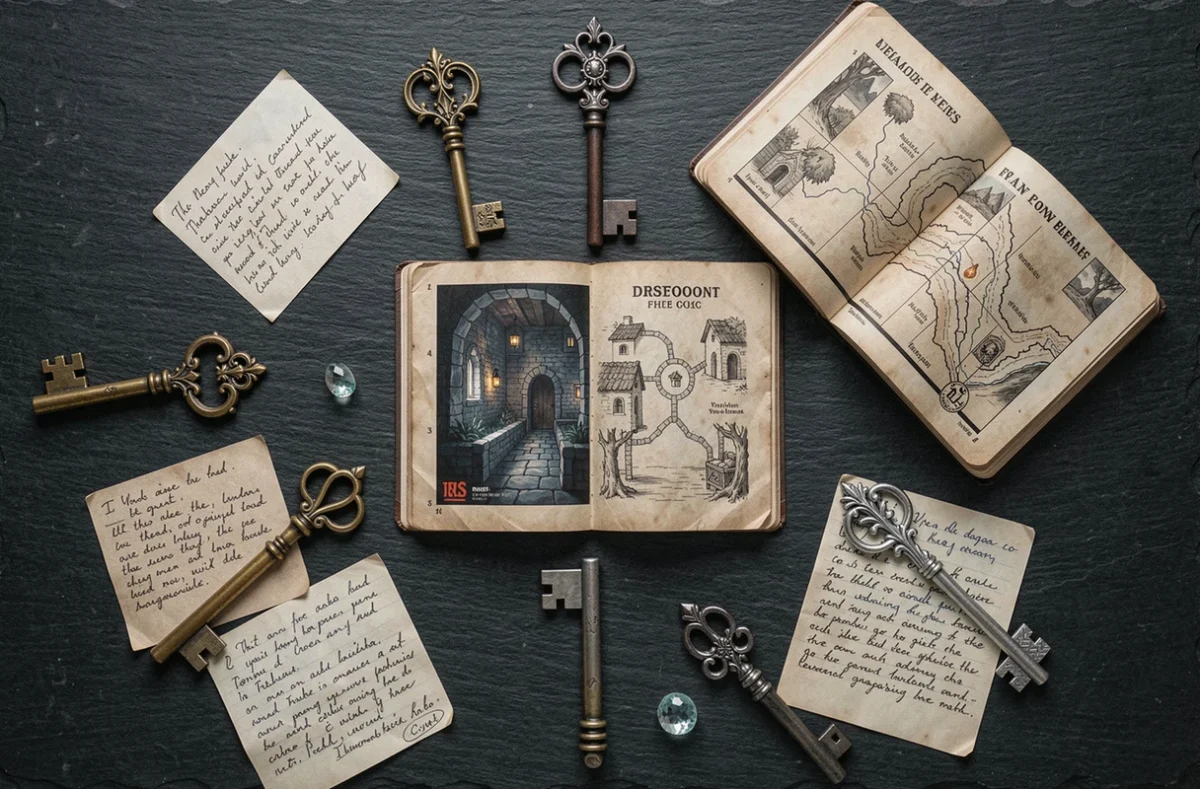 Collection de clés rares posées sur ardoise avec cartes et notes de jeu, vue de dessus pour un article sur les objets précieux dans les jeux vidéo