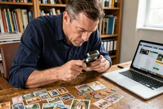 Collectionneur examinant des timbres et pièces anciennes avec une loupe sur un bureau en bois, recherchant des bonnes affaires sur Delcampe